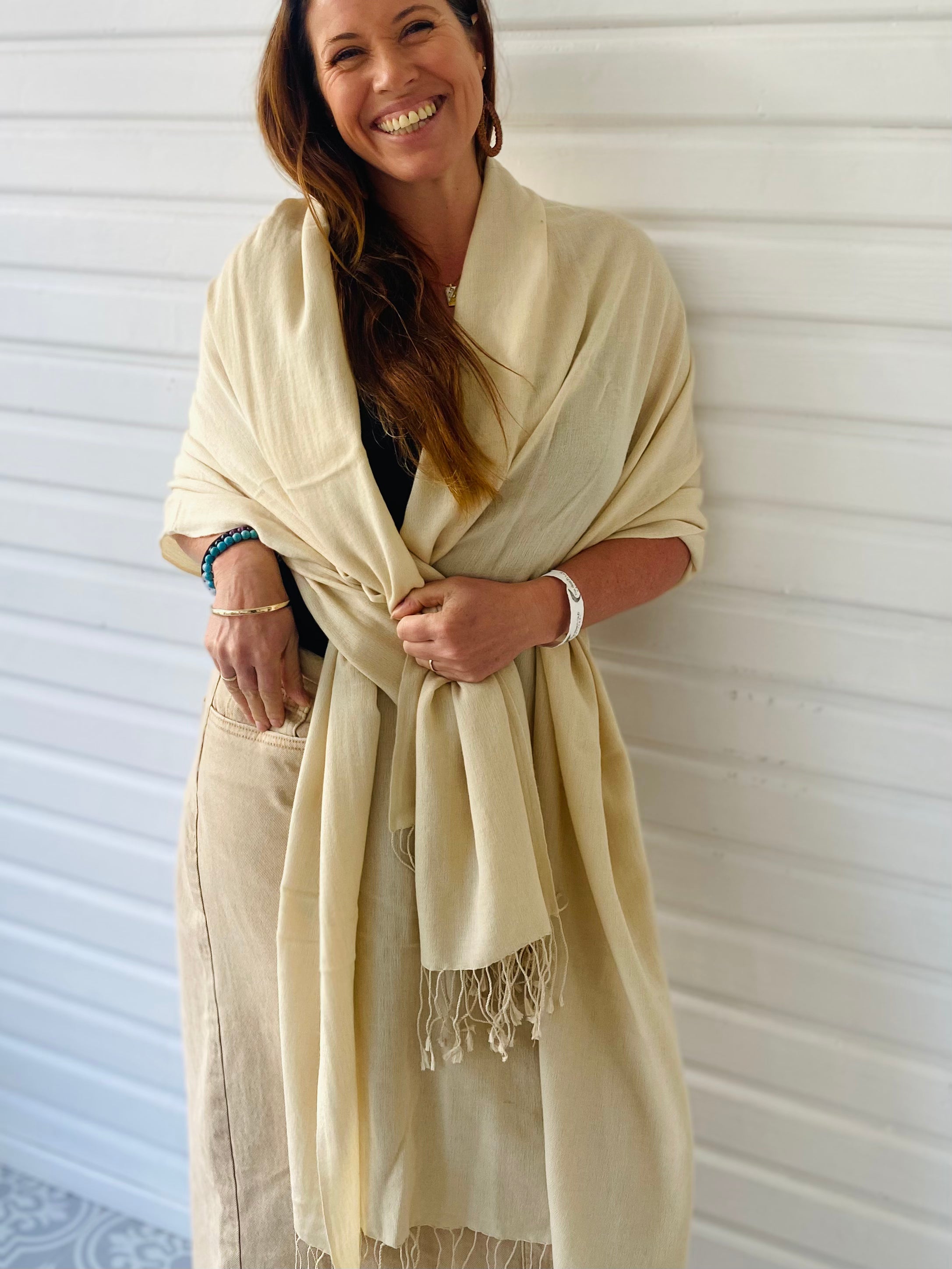 Pure Pashmina Shawl Cream- Authentic Chyangra Cashmere Shawl Handcrafted Luxury from Nepal